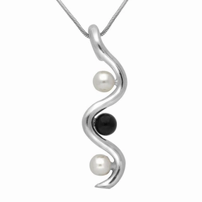 Sterling Silver Whitby Jet Pearl Three Stone Swirl Necklace