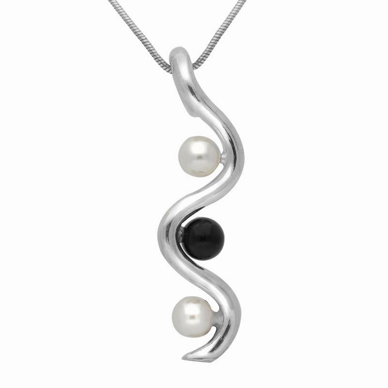 Sterling Silver Whitby Jet Pearl Three Stone Swirl Necklace