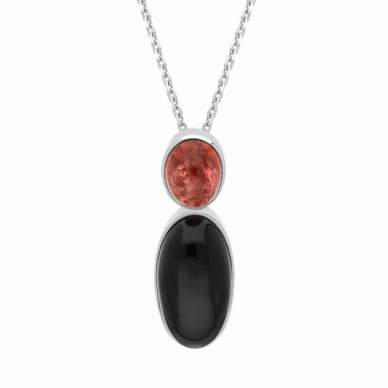 Sterling Silver Whitby Jet Pink Tourmaline Oval Two Stone Necklace