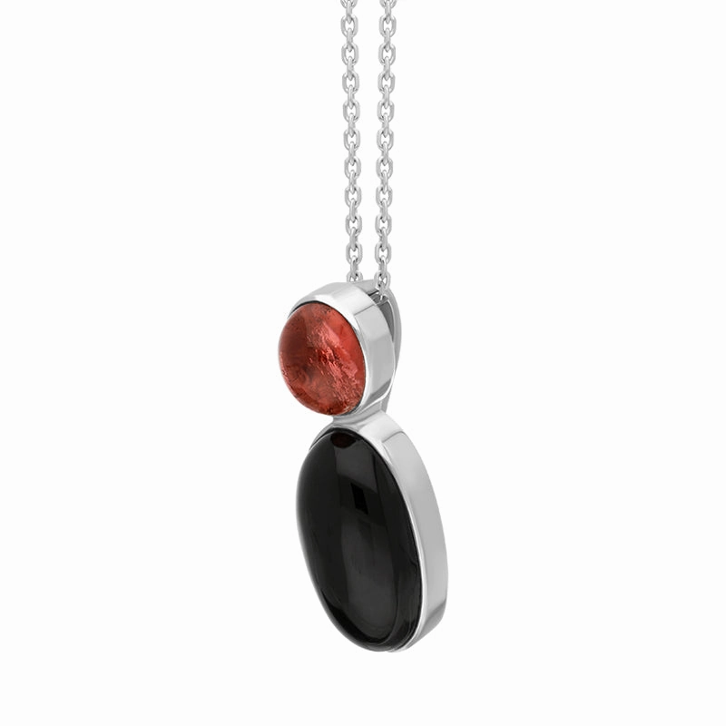 Sterling Silver Whitby Jet Pink Tourmaline Oval Two Stone Necklace