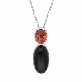 Sterling Silver Whitby Jet Pink Tourmaline Oval Two Stone Necklace