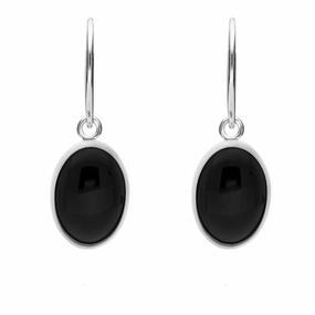 Sterling Silver Whitby Jet Plain Oval Drop Hook Earrings