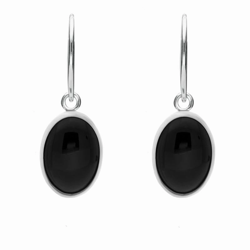 Sterling Silver Whitby Jet Plain Oval Drop Hook Earrings
