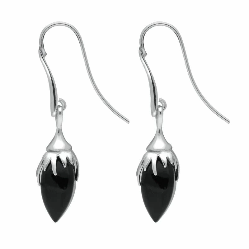 Sterling Silver Whitby Jet Plant Bud Drop Earrings