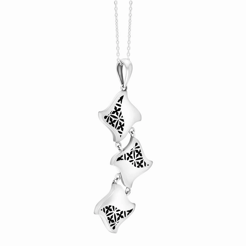 Sterling Silver Whitby Jet Reversible Filigree Triple Square Pendant