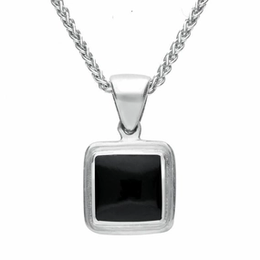 Sterling Silver Whitby Jet Ribbed Square Shape Necklace
