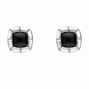 Sterling Silver Whitby Jet Ridged Cushion Stud Earrings