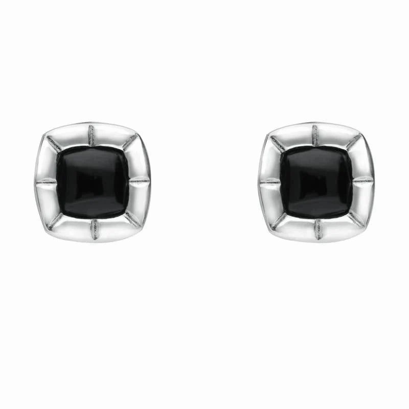 Sterling Silver Whitby Jet Ridged Cushion Stud Earrings