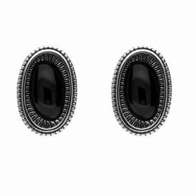 Sterling Silver Whitby Jet Ridged Oval Stud Earrings