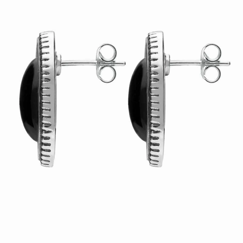 Sterling Silver Whitby Jet Ridged Oval Stud Earrings