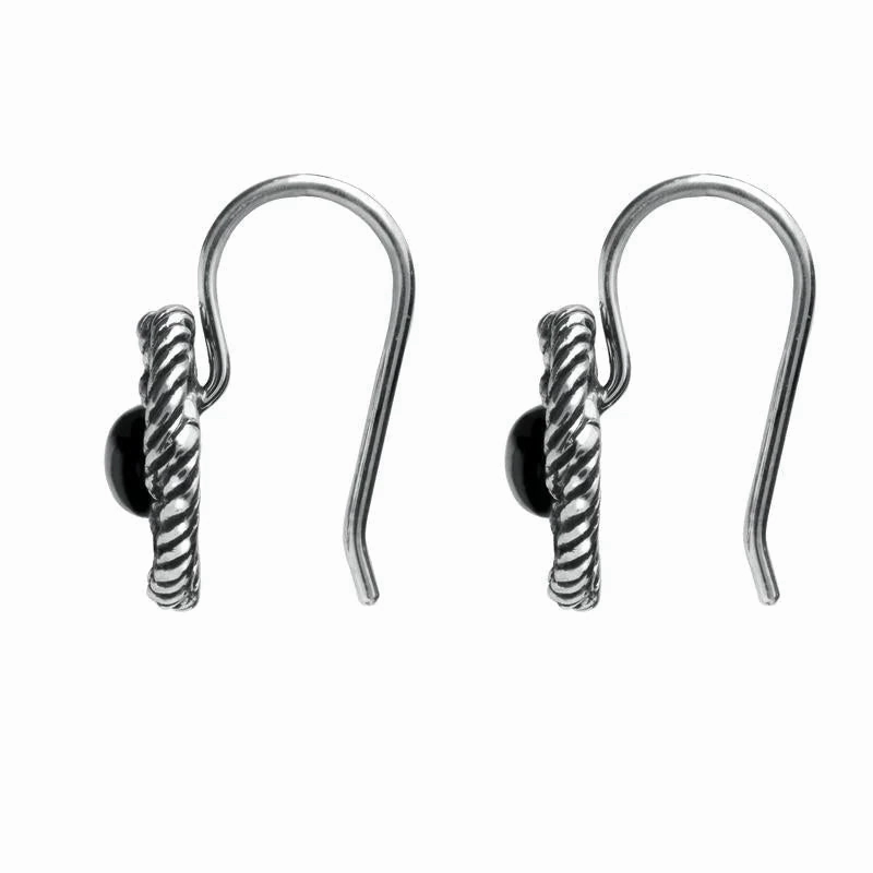 Sterling Silver Whitby Jet Rope Edge Open Circle Port Hole Earrings
