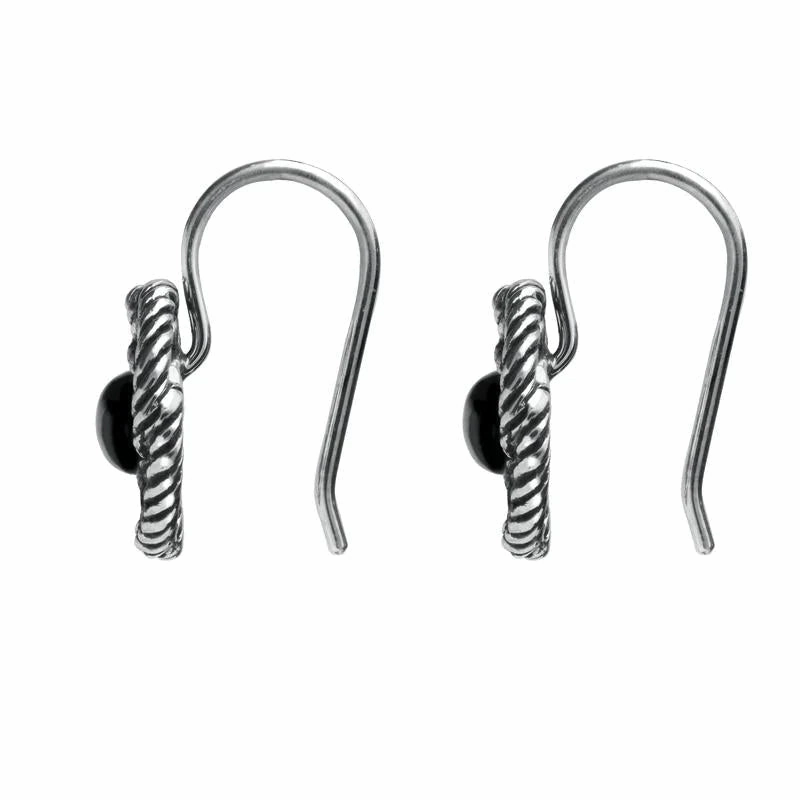 Sterling Silver Whitby Jet Rope Edge Open Circle Port Hole Earrings