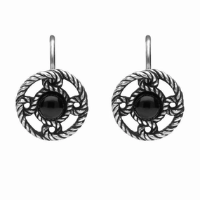 Sterling Silver Whitby Jet Rope Edge Open Circle Port Hole Earrings