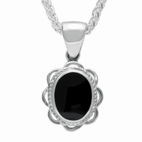 Sterling Silver Whitby Jet Rope Oval Frill Necklace