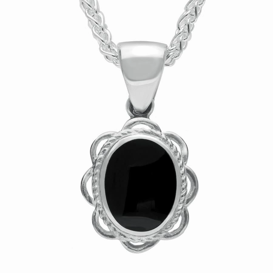 Sterling Silver Whitby Jet Rope Oval Frill Necklace