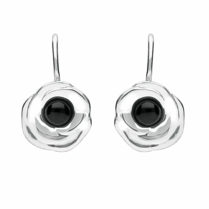 Sterling Silver Whitby Jet Rose Hook Earrings