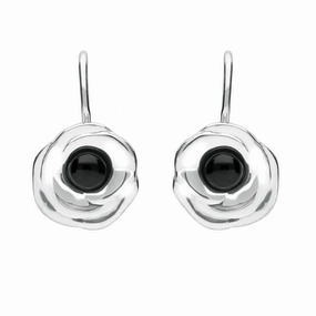 Sterling Silver Whitby Jet Rose Hook Earrings
