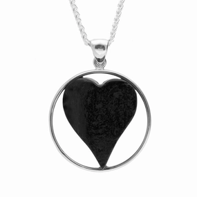 Sterling Silver Whitby Jet Rough Cut Heart Circle Surround Necklace