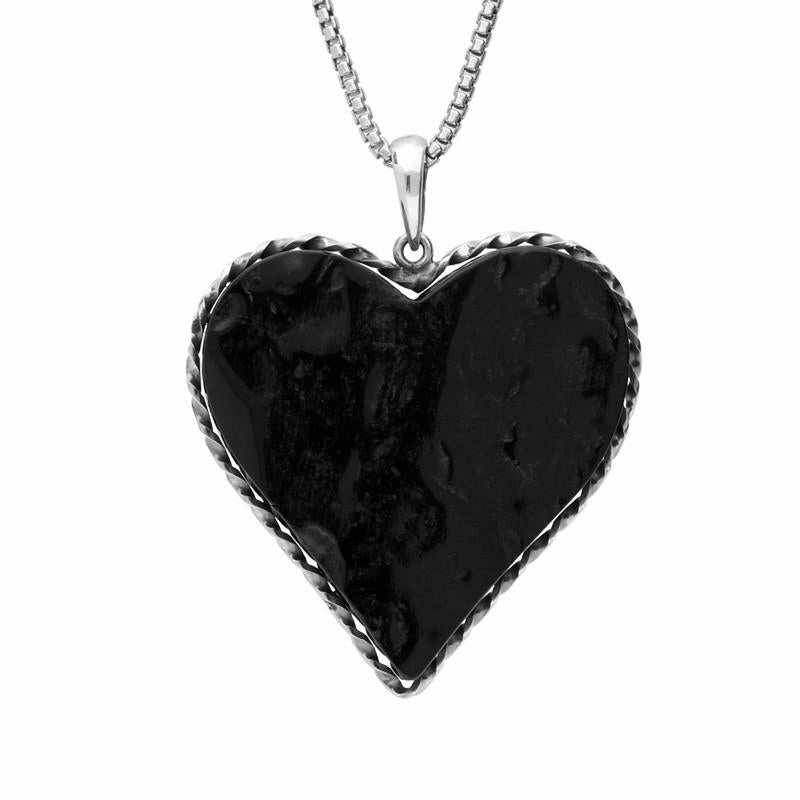 Sterling Silver Whitby Jet Rough Cut Heart Sterling Silver Rope Edge Necklace