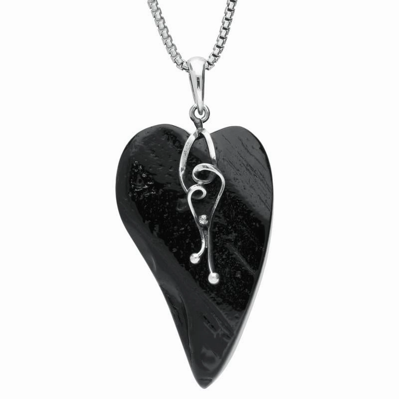 Sterling Silver Whitby Jet Rough Cut Heart Vine Swirl Necklace