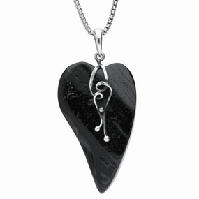 Sterling Silver Whitby Jet Rough Cut Heart Vine Swirl Necklace