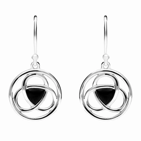 Sterling Silver Whitby Jet Round Celtic Knot Hook Earrings