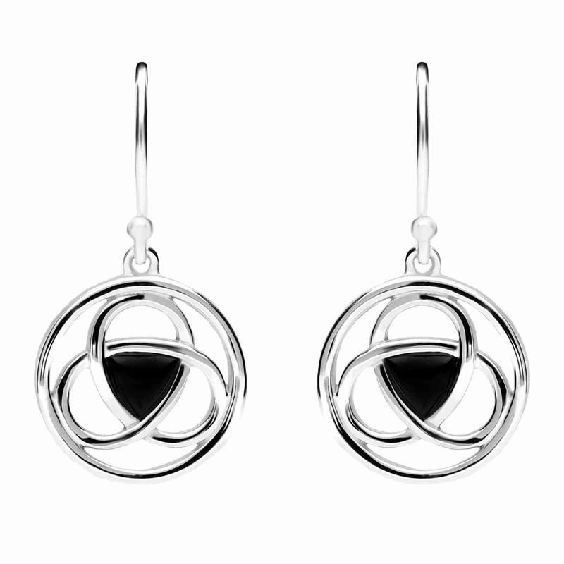 Sterling Silver Whitby Jet Round Celtic Knot Hook Earrings