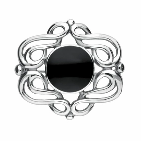 Sterling Silver Whitby Jet Round Fancy Swirl Brooch