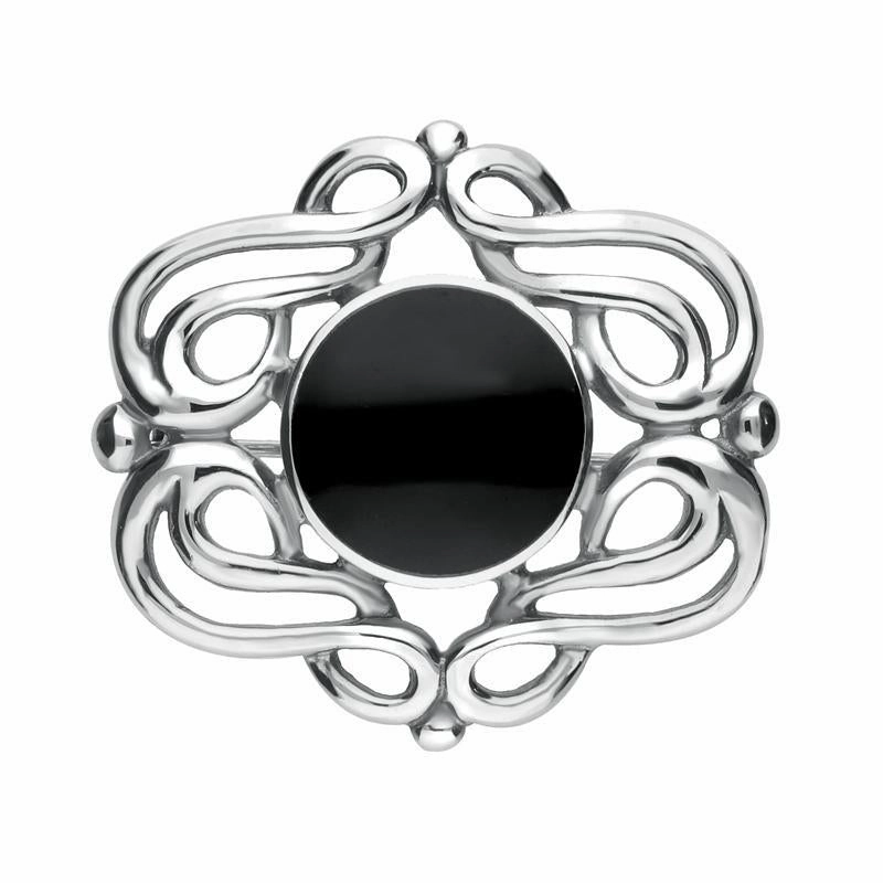 Sterling Silver Whitby Jet Round Fancy Swirl Brooch