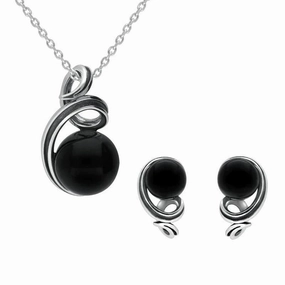 Sterling Silver Whitby Jet Round Open Loop Top Two Piece Set