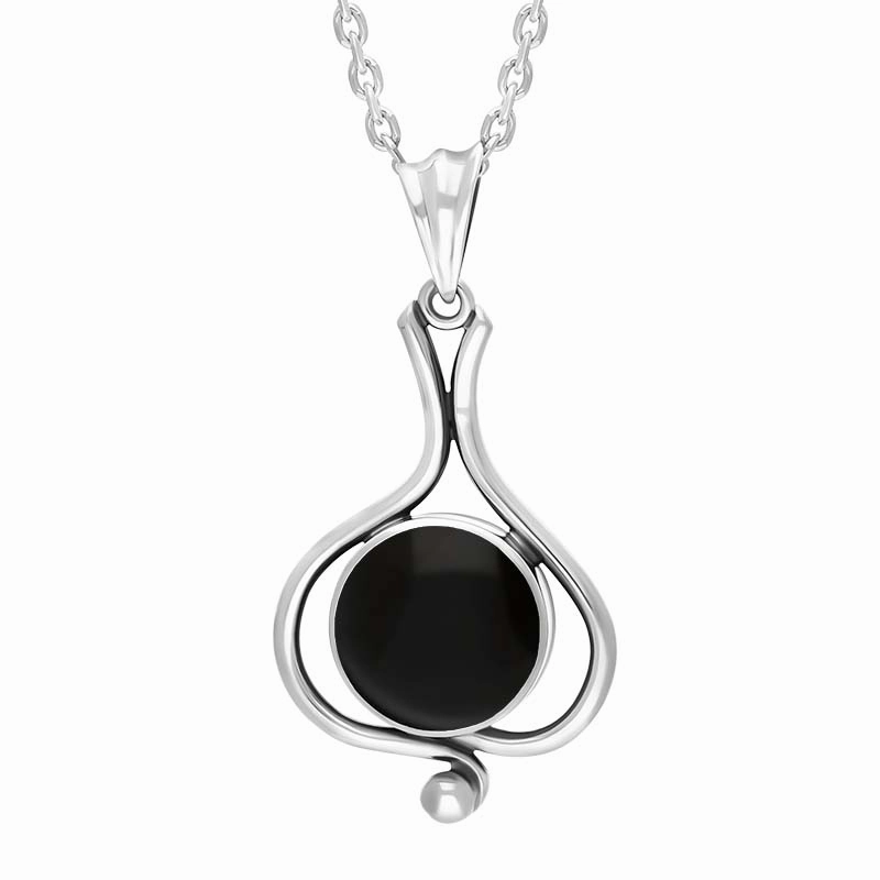 Sterling Silver Whitby Jet Round Ornate Frame Necklace