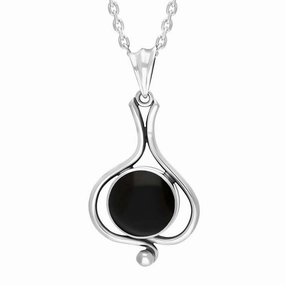 Sterling Silver Whitby Jet Round Ornate Frame Necklace