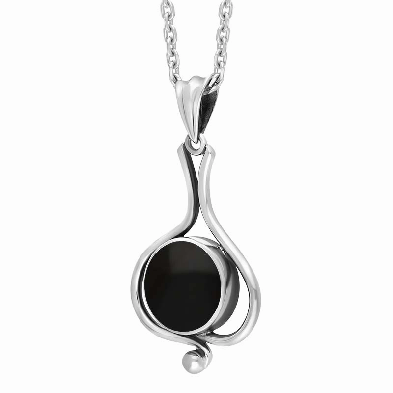 Sterling Silver Whitby Jet Round Ornate Frame Necklace