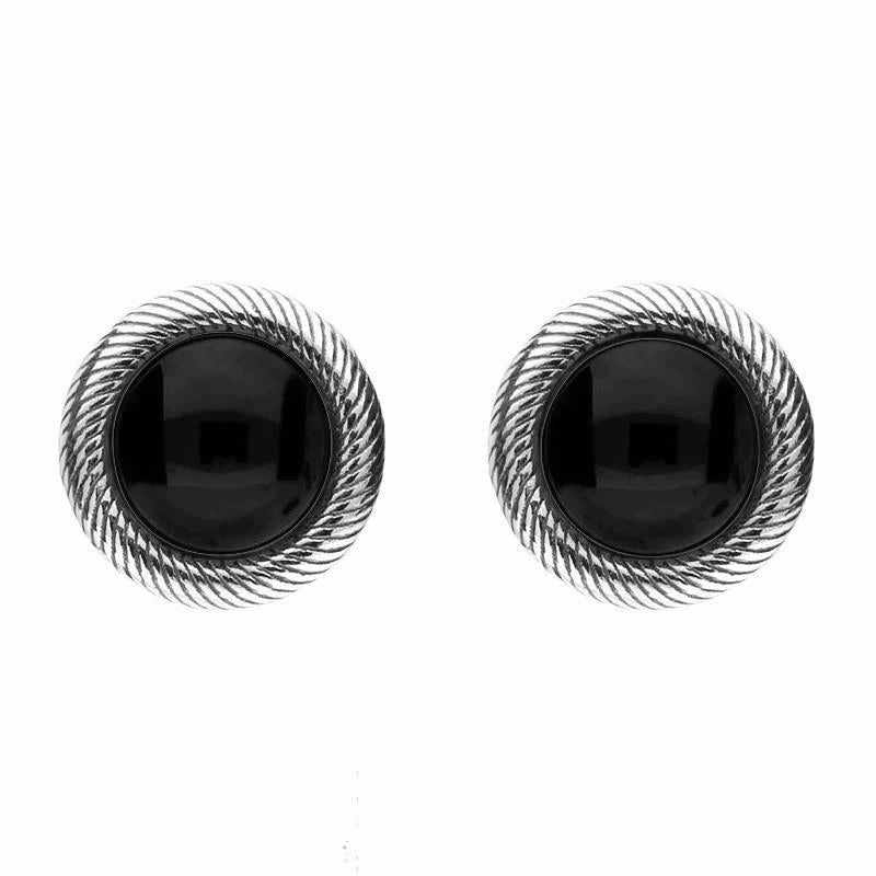 Sterling Silver Whitby Jet Round Ribbed Edge Stud Earrings