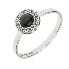 Sterling Silver Whitby Jet Round Rope Curved Edge Ring