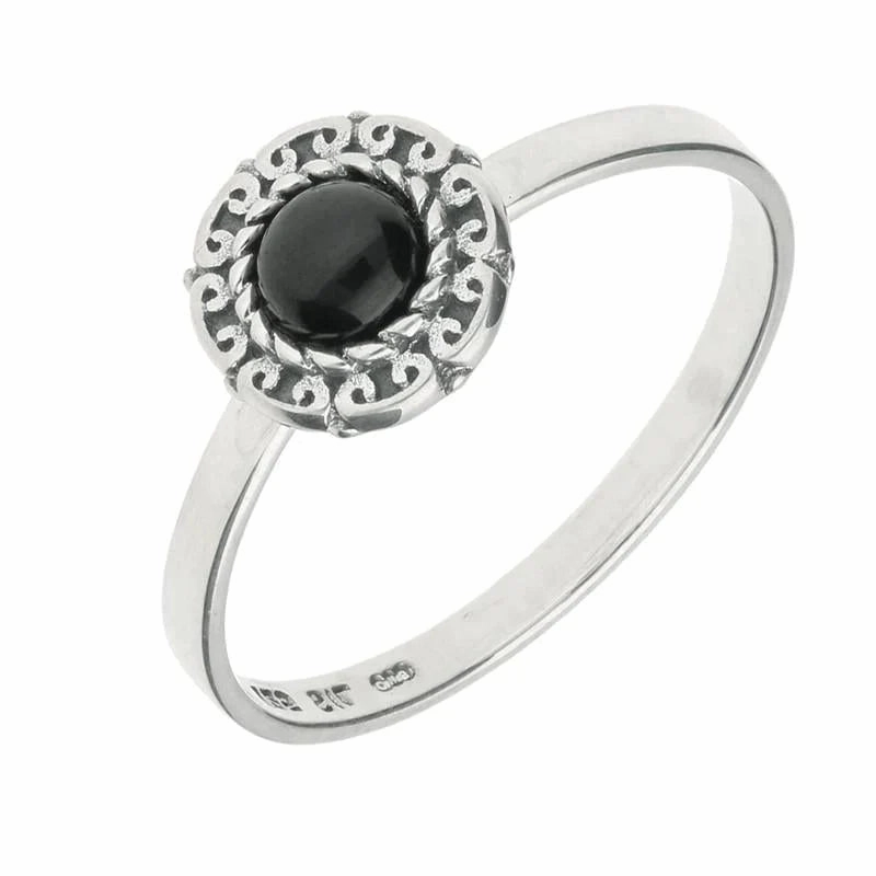 Sterling Silver Whitby Jet Round Rope Curved Edge Ring