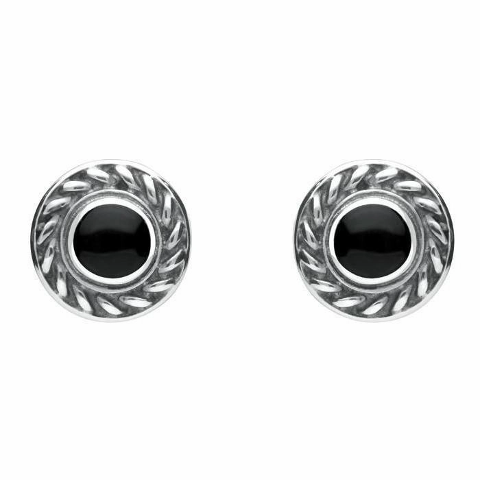 Sterling Silver Whitby Jet Round Rope Edge Stud Earrings