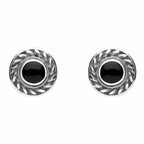 Sterling Silver Whitby Jet Round Rope Edge Stud Earrings