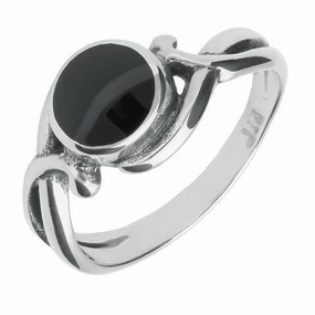 Sterling Silver Whitby Jet Round Scroll Ring