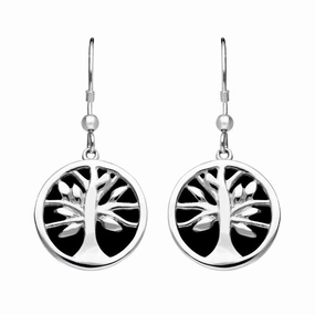 Sterling Silver Whitby Jet Round Tree of Life Drop Earrings