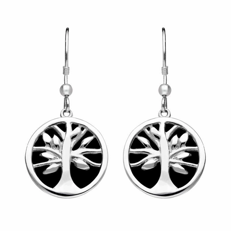 Sterling Silver Whitby Jet Round Tree of Life Drop Earrings