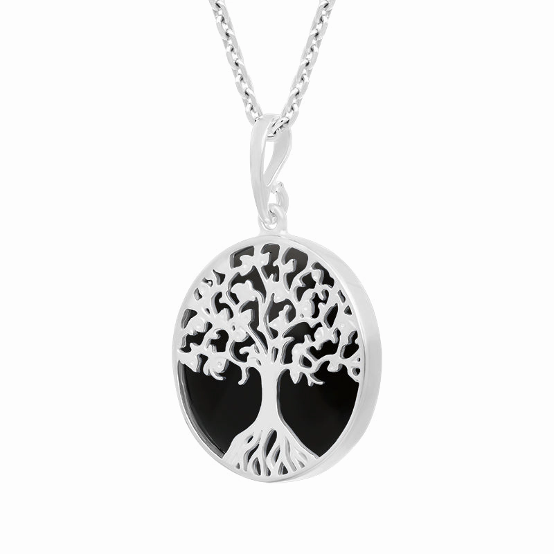 Sterling Silver Whitby Jet Round Tree of Life Necklace