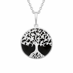 Sterling Silver Whitby Jet Round Tree of Life Necklace