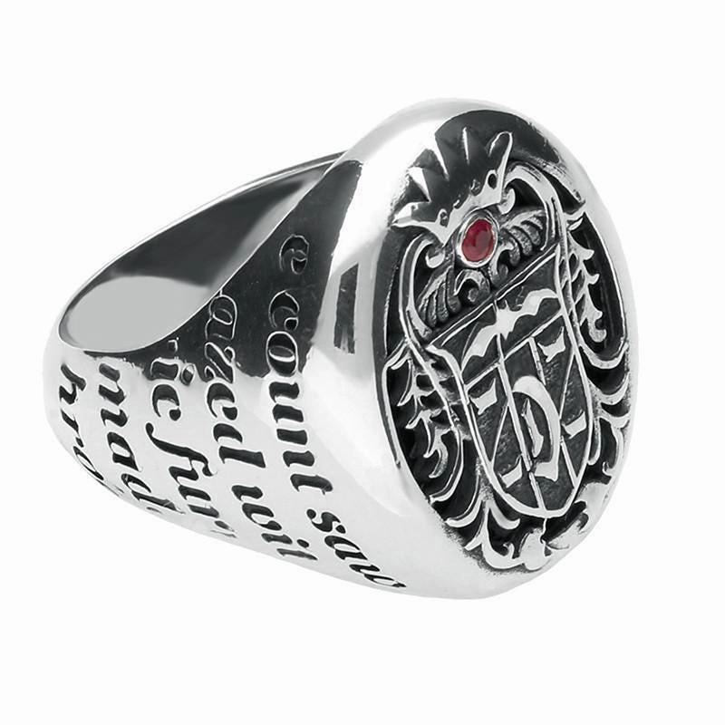 Sterling Silver Whitby Jet Ruby Dracula Crest Signet Ring