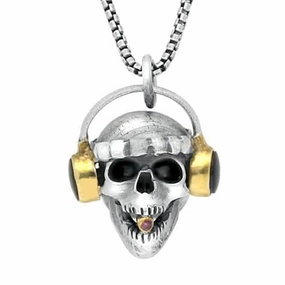 Sterling Silver Whitby Jet Ruby Skull With Headphones Necklace