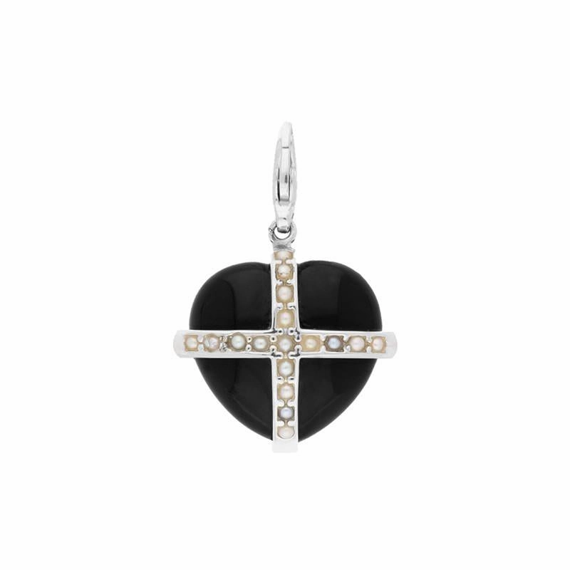 Sterling Silver Whitby Jet Seventeen Pearl Medium Cross Heart Charm