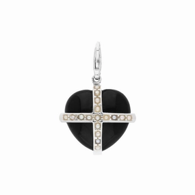 Sterling Silver Whitby Jet Seventeen Pearl Medium Cross Heart Charm