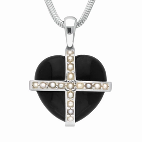 Sterling Silver Whitby Jet Seventeen Pearl Medium Cross Heart Necklace