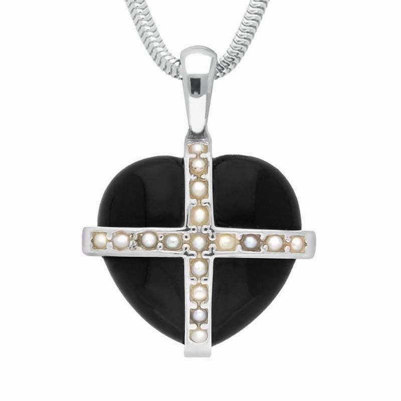 Sterling Silver Whitby Jet Seventeen Pearl Medium Cross Heart Necklace