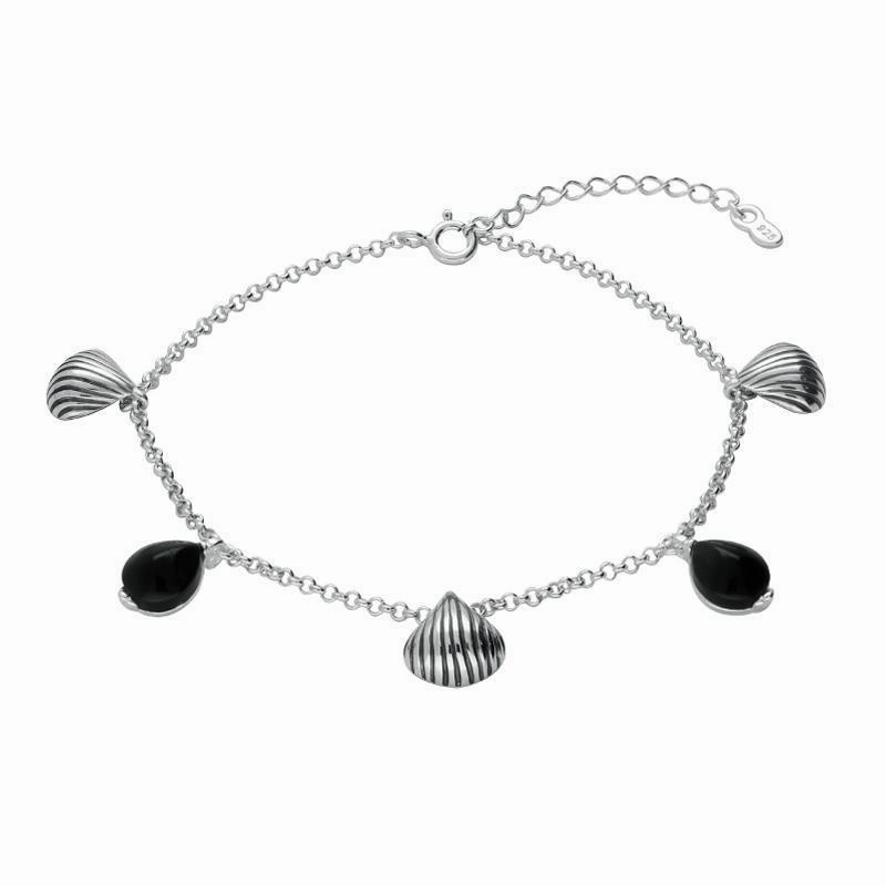 Sterling Silver Whitby Jet Shell Stone Pear Bracelet